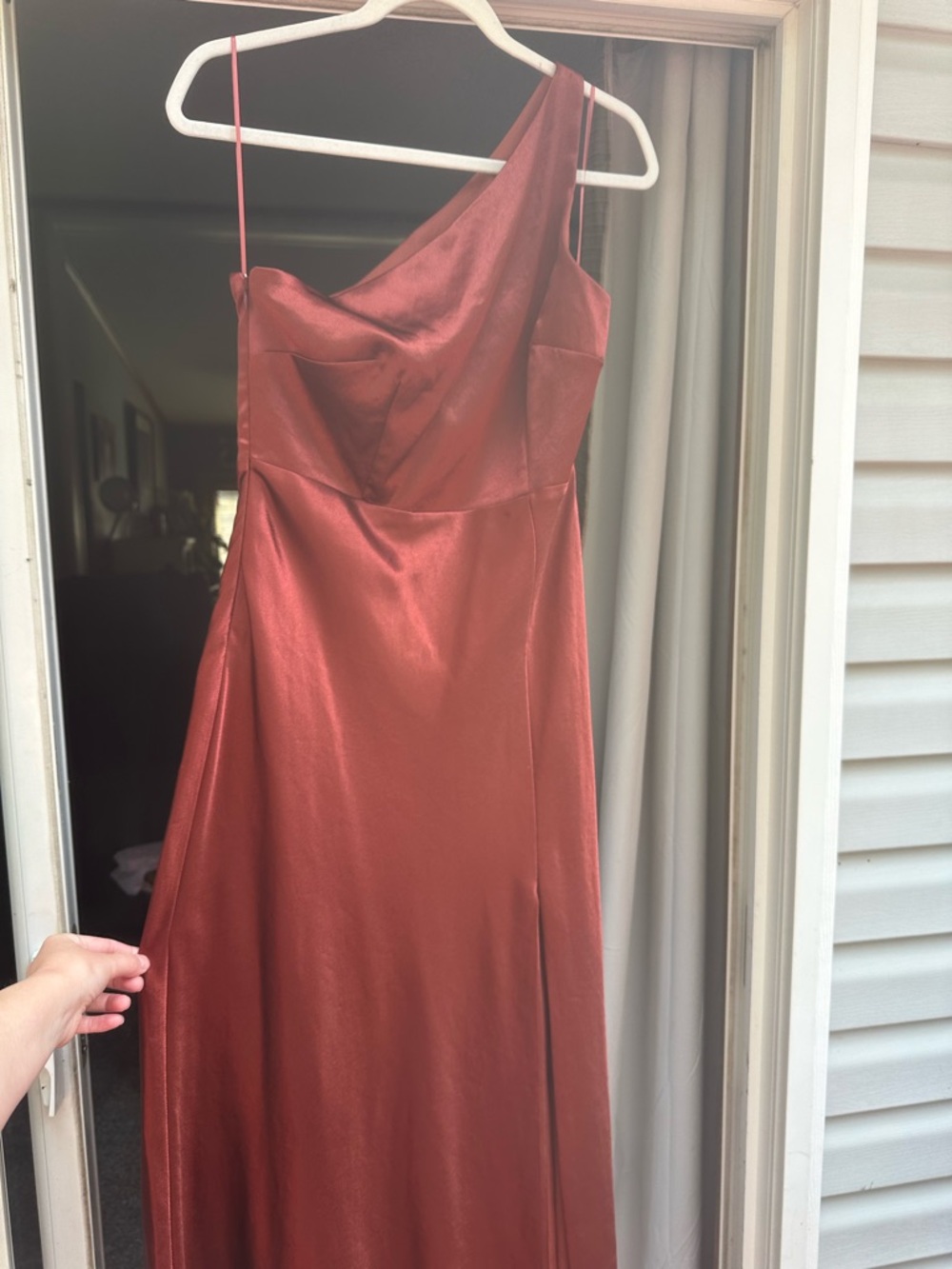 Birdy Grey One-Shoulder Satin Gown in Burnt Copper